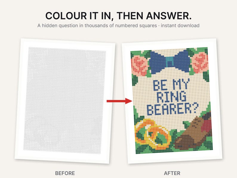 May include: A digital coloring activity featuring a grid of numbered squares that transforms into a colorful design. The finished image displays a blue bow tie, pink flowers, two gold rings, a brown shoe, and the text BE MY RING BEARER?