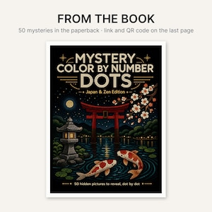 Pu&ograve; includere: Un libro in brossura intitolato Mystery Color By Number Dots Japan & Zen Edition. La copertina presenta uno sfondo nero con un'illustrazione a puntini di un torii rosso, pesci koi, una lanterna di pietra e fiori di ciliegio di notte.