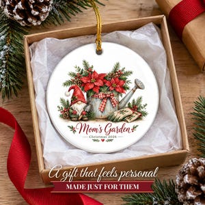 Gardener Gift Christmas Ornament 2026, Mom's Garden Custom Name Keepsake, Watering Can Poinsettia Gnome Ceramic Decor for Plant Lover image 6