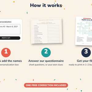 Puede incluir: Un gr&aacute;fico instructivo titulado How it works que muestra tres pasos para un crucigrama personalizado. El paso 1 muestra un cuadro de personalizaci&oacute;n con el texto Sophie turns 40 - March 8, 2027. El paso 2 muestra un formulario de cuestionario.