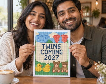 May include: A rectangular sign featuring a pixelated design with the text TWINS COMING 2027 in dark blue. The design includes blue clouds, red hearts, two yellow ducks, and two brown teddy bears on a green background, all rendered in a grid pattern.
