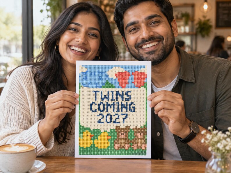 May include: A rectangular sign featuring a pixelated design with the text TWINS COMING 2027 in dark blue. The design includes blue clouds, red hearts, two yellow ducks, and two brown teddy bears on a green background, all rendered in a grid pattern.