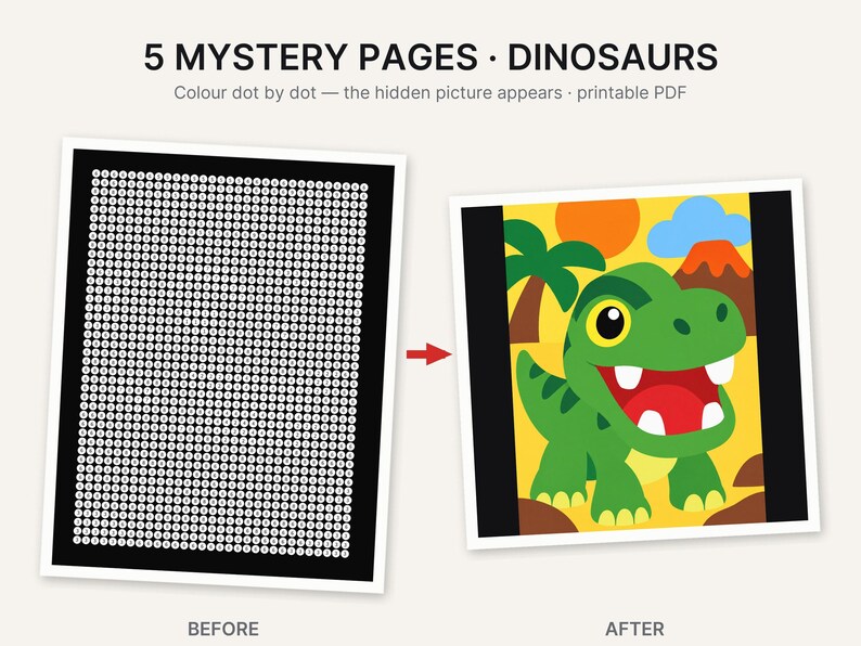 Op de afbeelding: 5 MYSTERY PAGES &bull; DINOSAURS Colour dot by dot &mdash; the hidden picture appears &bull; printable PDF. Een voor-en-na vergelijking met een zwart raster van genummerde stippen aan de linkerkant en een kleurrijke dinosaurusillustratie aan de rechterkant.