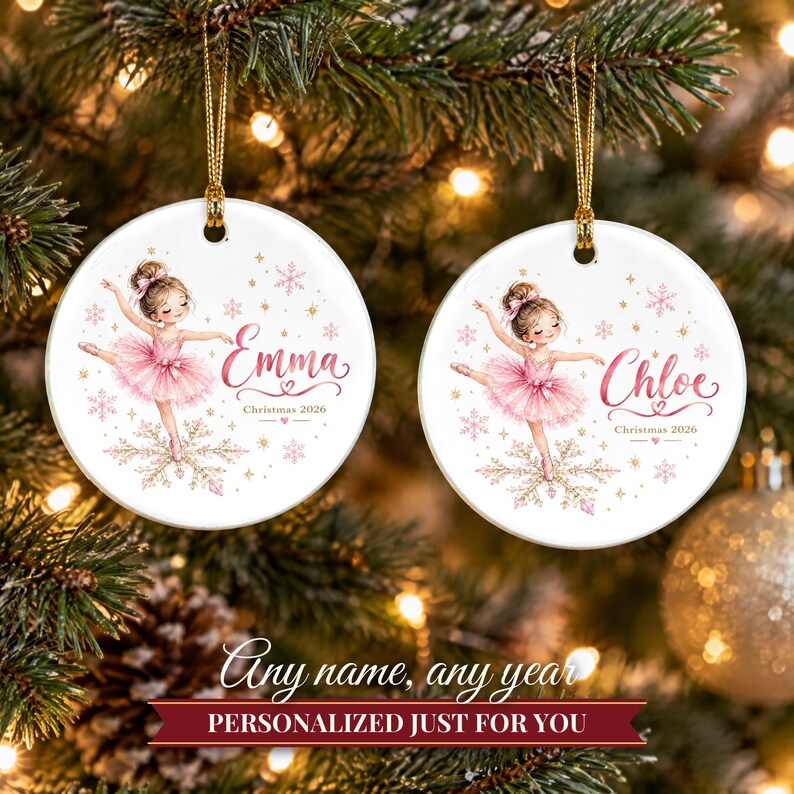 Ballerina Ornament Christmas 2026, Ballet Gift for Girls, Dancer Name Keepsake, Pink Tutu Snowflake Dance Recital Ceramic Tree Ornament image 9