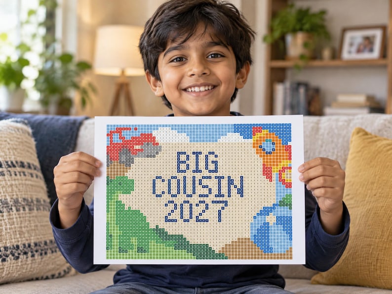 May include: A rectangular craft project featuring a pixelated design with the text BIG COUSIN 2027 in dark blue. The image includes a green dinosaur, a red vehicle, a rocket ship, and a blue planet against a light tan and blue background.