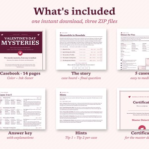 May include: A digital Valentine's Day mystery game kit including a 14-page casebook, story sheets, case boards, answer keys with explanations, hint sheets, and a Master Detective certificate, all presented in a maroon and white color scheme.