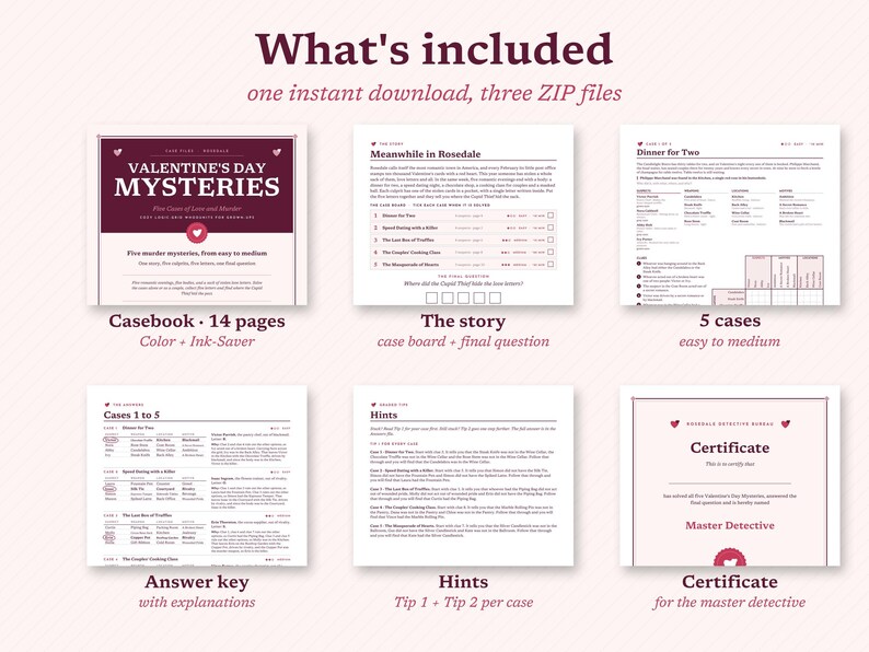 May include: A digital Valentine's Day mystery game kit including a 14-page casebook, story sheets, case boards, answer keys with explanations, hint sheets, and a Master Detective certificate, all presented in a maroon and white color scheme.