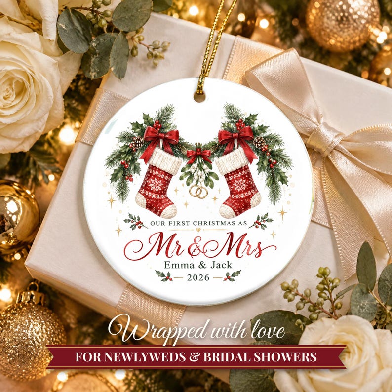 Adorno navideño "Nuestra primera Navidad como casados ​​2026", recuerdo personalizado para el Sr. y la Sra., regalo para recién casados, regalo de boda para la pareja, calcetines navideños. imagen 10