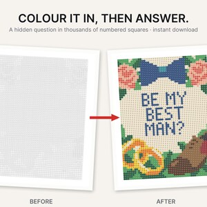 May include: A printable activity sheet titled COLOUR IT IN, THEN ANSWER. The left side shows a grid of numbered squares. The right side shows the completed grid with a blue bow tie, pink flowers, gold rings, a brown shoe, and the text BE MY BEST MAN?