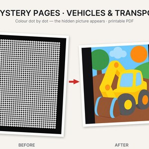 Puede incluir: 5 Mystery Pages Vehicles & Transport PDF imprimible. Una comparaci&oacute;n de antes y despu&eacute;s que muestra una p&aacute;gina negra llena de puntos blancos numerados y una imagen final de una excavadora amarilla sobre tierra marr&oacute;n.