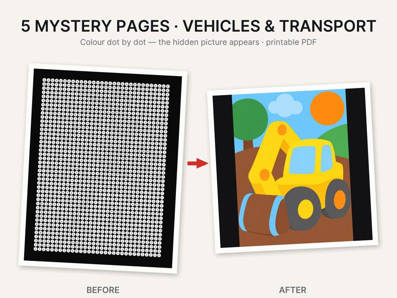 Puede incluir: 5 Mystery Pages Vehicles & Transport PDF imprimible. Una comparaci&oacute;n de antes y despu&eacute;s que muestra una p&aacute;gina negra llena de puntos blancos numerados y una imagen final de una excavadora amarilla sobre tierra marr&oacute;n.