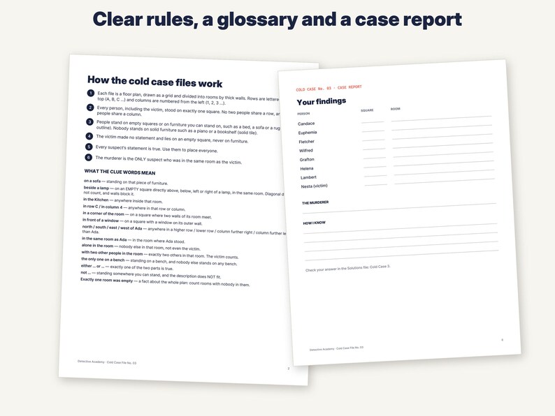 May include: Two white paper sheets featuring black text and red headers. The left sheet is titled Clear rules, a glossary and a case report, detailing instructions for cold case files. The right sheet is a case report form for recording findings.