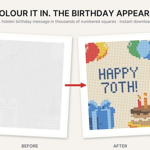 May include: A printable activity sheet featuring a grid of numbered squares. The left side shows a blank grid, while the right side displays a completed color-by-number image with balloons, a gift, a cake, and the text HAPPY 70TH!.