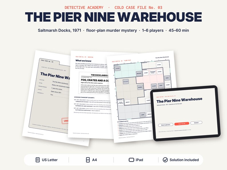 May include: Detective Academy Cold Case File No. 03 The Pier Nine Warehouse game materials including printed documents, a floor plan, and a tablet screen displaying the title, Saltmarsh Docks 1971, 1-6 players, 45-60 minutes, US Letter, A4, and iPad options.