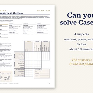 May include: A mystery game sheet titled Case 1: Champagne at the Gala, featuring a narrative introduction, lists of suspects, weapons, locations, and motives, eight numbered clues, a logic grid, and a verdict section with ticket letter codes.