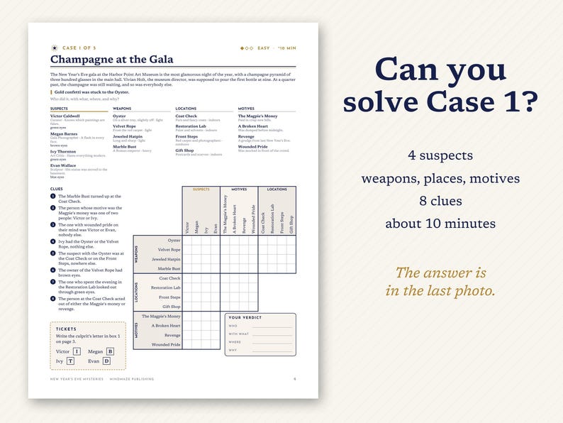 May include: A mystery game sheet titled Case 1: Champagne at the Gala, featuring a narrative introduction, lists of suspects, weapons, locations, and motives, eight numbered clues, a logic grid, and a verdict section with ticket letter codes.