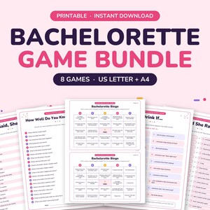 Puede incluir: Un paquete de juegos para despedida de soltera con ocho hojas imprimibles sobre un fondo rosa claro. El texto dice Printable, Instant Download, Bachelorette Game Bundle, 8 Games, US Letter + A4, He Said She Said, How Well Do You Know, Bachelorette Bingo, Drink If y Would She Rather.