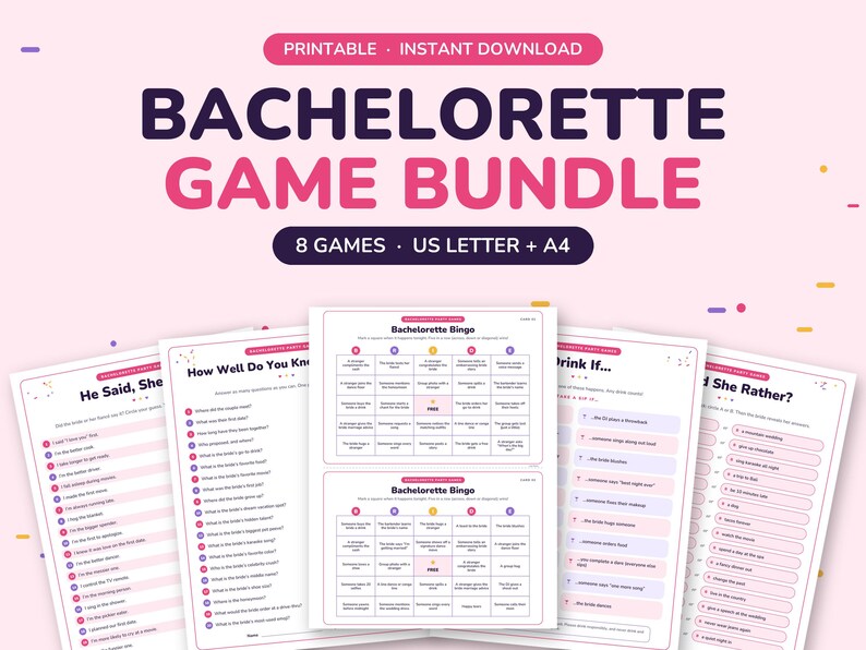 Puede incluir: Un paquete de juegos para despedida de soltera con ocho hojas imprimibles sobre un fondo rosa claro. El texto dice Printable, Instant Download, Bachelorette Game Bundle, 8 Games, US Letter + A4, He Said She Said, How Well Do You Know, Bachelorette Bingo, Drink If y Would She Rather.
