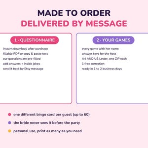 May include: A digital information graphic titled MADE TO ORDER DELIVERED BY MESSAGE. It outlines a two-step process: 1. QUESTIONNAIRE for fillable PDF or text, and 2. YOUR GAMES with answer keys in A4 and US Letter sizes, plus additional notes.