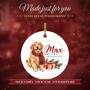 Adorno de Golden Retriever, Adorno navideño para perros con nombre, Regalo para amantes de los perros, Regalo para mamás de perros 2026, Recuerdo personalizado de cerámica para mascotas imagen 2