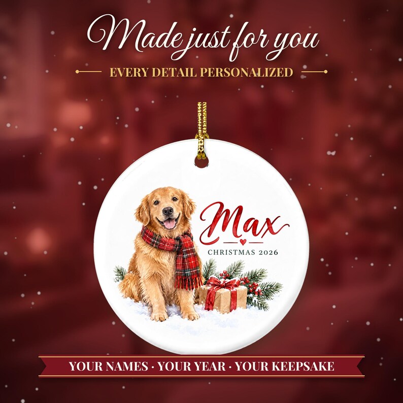 Adorno de Golden Retriever, Adorno navideño para perros con nombre, Regalo para amantes de los perros, Regalo para mamás de perros 2026, Recuerdo personalizado de cerámica para mascotas imagen 2