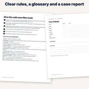 Puede incluir: Dos hojas de papel blanco con texto negro. La hoja izquierda se titula Clear rules, a glossary and a case report, detallando c&oacute;mo funcionan los archivos de casos sin resolver y el significado de las pistas. La derecha es un informe.
