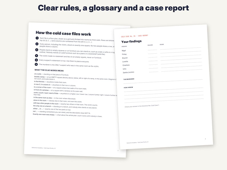 Puede incluir: Dos hojas de papel blanco con texto negro. La hoja izquierda se titula Clear rules, a glossary and a case report, detallando c&oacute;mo funcionan los archivos de casos sin resolver y el significado de las pistas. La derecha es un informe.