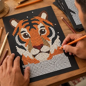 May include: A paint-by-number activity sheet on black paper featuring a tiger face illustration composed of small numbered circles in orange, white, black, and brown. The tiger has large eyes and distinct stripes, with an orange pencil filling in a section.