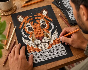 May include: A paint-by-number activity sheet on black paper featuring a tiger face illustration composed of small numbered circles in orange, white, black, and brown. The tiger has large eyes and distinct stripes, with an orange pencil filling in a section.