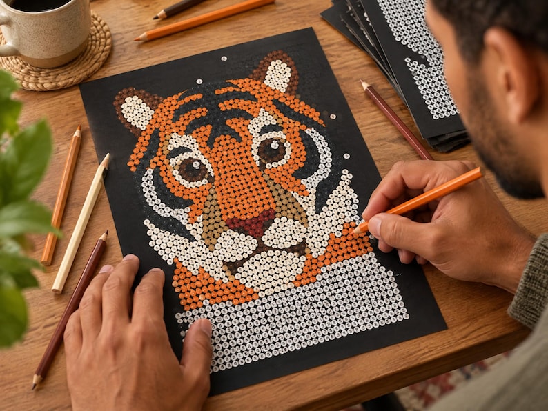 May include: A paint-by-number activity sheet on black paper featuring a tiger face illustration composed of small numbered circles in orange, white, black, and brown. The tiger has large eyes and distinct stripes, with an orange pencil filling in a section.