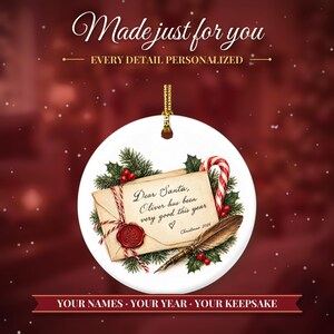 Letter to Santa Ornament Christmas 2026, Dear Santa Kids Keepsake, Been Good This Year Custom Name Gift, North Pole Ceramic Tree Decor image 2