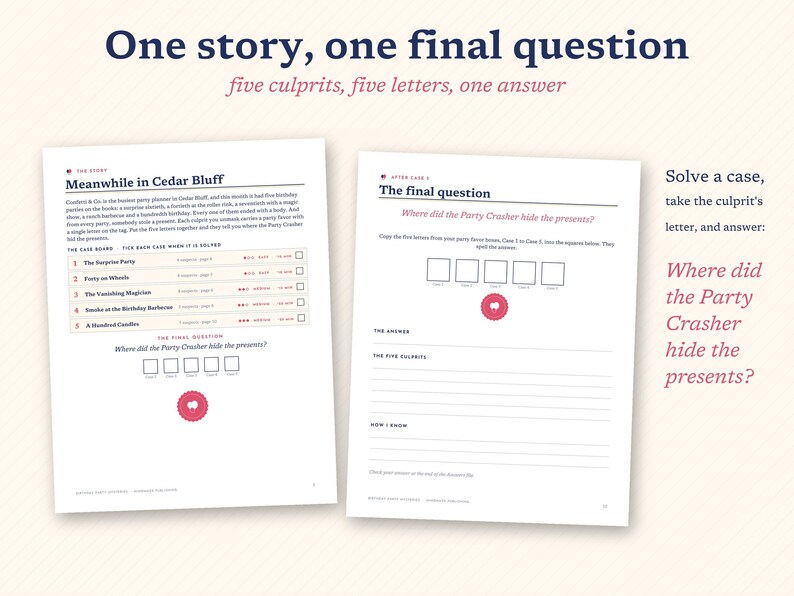 May include: Two white paper pages from a mystery game titled One story, one final question. The left page, Meanwhile in Cedar Bluff, lists five cases with checkboxes. The right page, The final question, features five empty squares and lines for writing the answer to where the Party Crasher hid the presents.