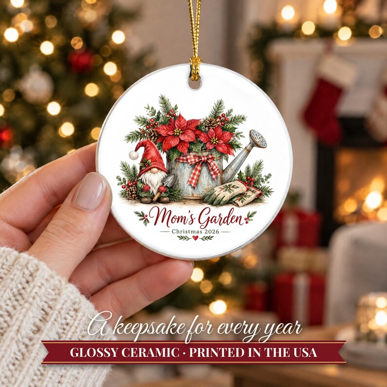 Gardener Gift Christmas Ornament 2026, Mom's Garden Custom Name Keepsake, Watering Can Poinsettia Gnome Ceramic Decor for Plant Lover image 12
