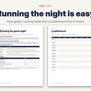 May include: A host kit for a game night featuring two white pages with dark blue text. The left page is titled Running the game night and includes instructions and scoring rules. The right page is a leaderboard table for six teams.