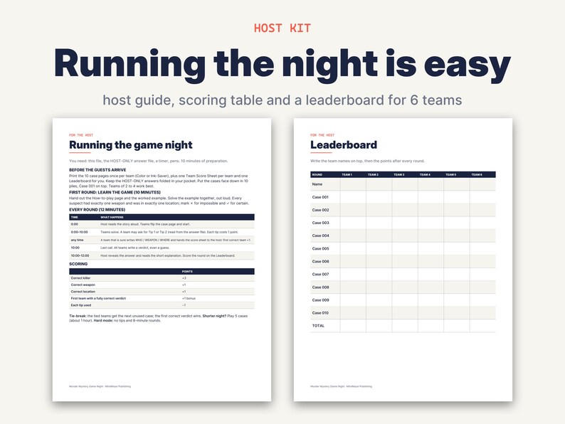 May include: A host kit for a game night featuring two white pages with dark blue text. The left page is titled Running the game night and includes instructions and scoring rules. The right page is a leaderboard table for six teams.