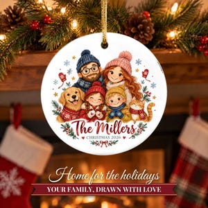 Family Christmas Ornament 2026 from Photo, 2 Sided Custom Cartoon Portrait with Pets and Names, Family of 4 5 6, Keepsake for Grandparents bild 9