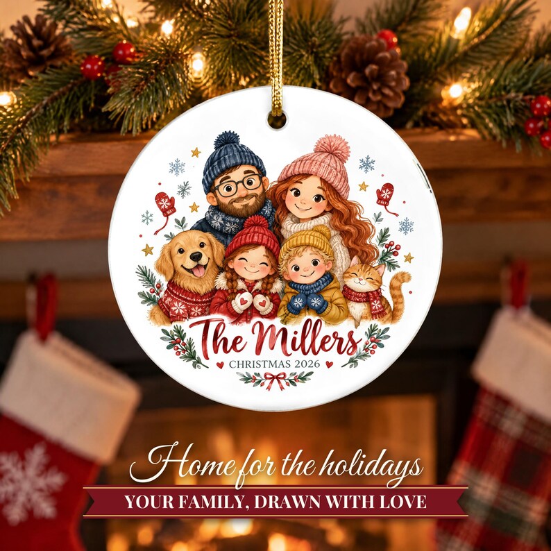 Family Christmas Ornament 2026 from Photo, 2 Sided Custom Cartoon Portrait with Pets and Names, Family of 4 5 6, Keepsake for Grandparents bild 9