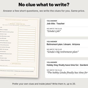 May include: A questionnaire form titled Personalized Retirement Crossword with sixteen numbered fields for personal details, alongside three example boxes showing user answers for job title, retirement plan, and hobby with corresponding crossword clues.