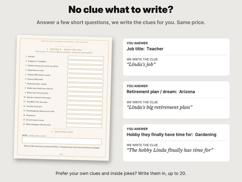 May include: A questionnaire form titled Personalized Retirement Crossword with sixteen numbered fields for personal details, alongside three example boxes showing user answers for job title, retirement plan, and hobby with corresponding crossword clues.
