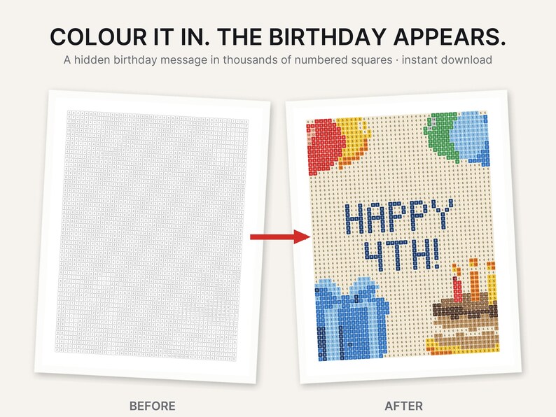 May include: A color-by-number activity sheet featuring the text COLOUR IT IN. THE BIRTHDAY APPEARS. A hidden birthday message in thousands of numbered squares. The before image shows a grid of numbers, and the after image shows HAPPY 4TH! with balloons, a gift, and a cake.