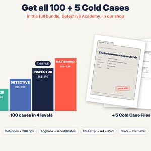 May include: A digital bundle of 105 cold case files titled Detective Academy, featuring a bar chart with four difficulty levels: Rookie, Detective, Inspector, and Mastermind. Includes a sample case file, The Hollowmere House Affair, with solutions, 200 tips, a logbook, four certificates, and formats for US Letter, A4, and iPad.