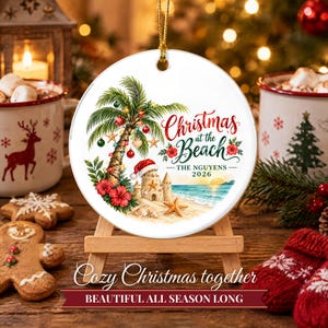 Beach Christmas Ornament 2026, Coastal Family Vacation Keepsake, Holidays at the Beach Custom Name Decor, Palm Tree Starfish Ceramic Gift 画像 8