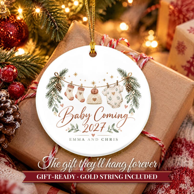 Pregnancy Announcement Ornament, Baby Coming 2027 Christmas Reveal, Expecting Parents Gift, Baby on the Way Keepsake with Name image 11
