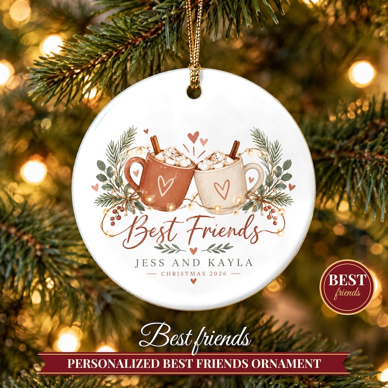 Best Friend Ornament Christmas 2026, Friendship Gift for Her, Besties Two Names Keepsake, Hot Cocoa Mugs Soul Sister Ceramic Tree Decor image 1
