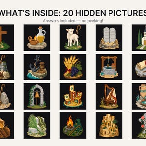 May include: A grid of 20 illustrated icons featuring biblical themes, including a cross, a lamb, stone tablets, a well, a harp, and a scroll. The text at the top reads WHAT'S INSIDE: 20 HIDDEN PICTURES. Answers included &mdash; no peeking!