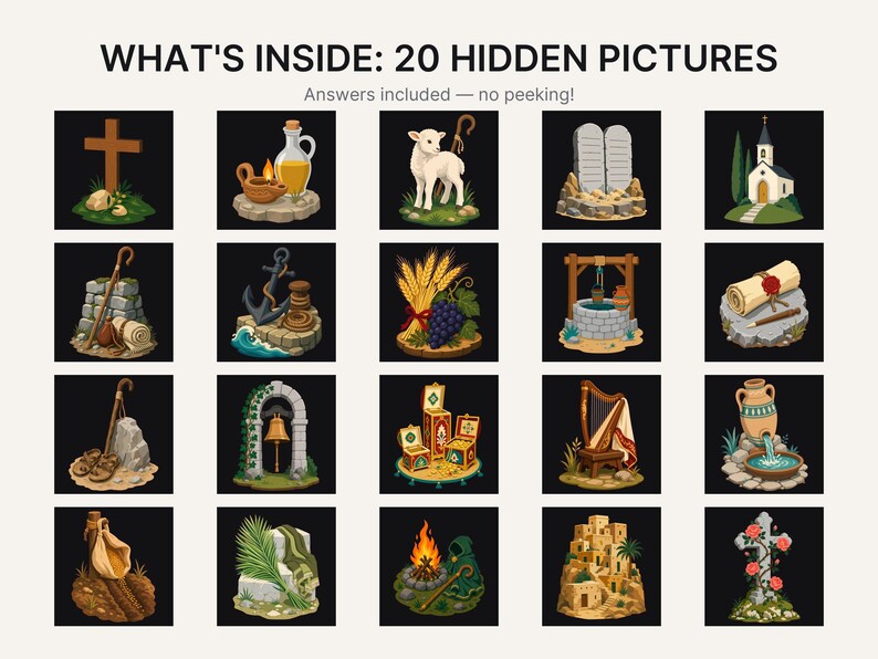 May include: A grid of 20 illustrated icons featuring biblical themes, including a cross, a lamb, stone tablets, a well, a harp, and a scroll. The text at the top reads WHAT'S INSIDE: 20 HIDDEN PICTURES. Answers included &mdash; no peeking!