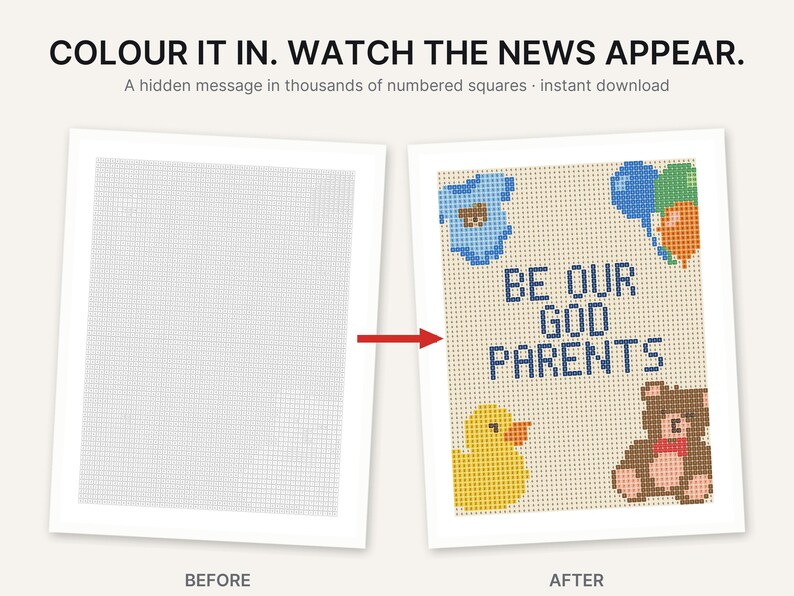 May include: A printable activity sheet featuring a grid of numbered squares. The text reads COLOUR IT IN. WATCH THE NEWS APPEAR. A hidden message in thousands of numbered squares. The completed version displays the text BE OUR GOD PARENTS.