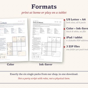 May include: Two digital game sheets titled Forty on Wheels, one in color and one in black and white ink-saver format. Text details US Letter and A4 sizes, iPad and tablet compatibility, and three ZIP files. Includes a disclaimer about digital downloads.