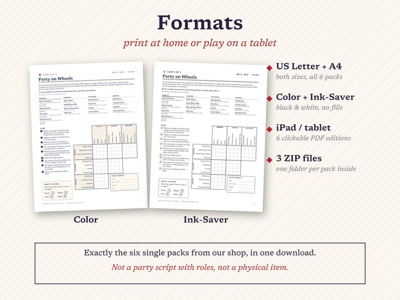 May include: Two digital game sheets titled Forty on Wheels, one in color and one in black and white ink-saver format. Text details US Letter and A4 sizes, iPad and tablet compatibility, and three ZIP files. Includes a disclaimer about digital downloads.