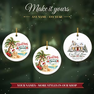 Beach Christmas Ornament 2026, Coastal Family Vacation Keepsake, Holidays at the Beach Custom Name Decor, Palm Tree Starfish Ceramic Gift 画像 3